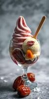 Delicious dessert topped with swirls of soft serve and fresh fruit in a glass bowl photo