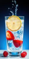 Refreshing citrus and berry drink in a tall glass with splashes and ice cubes photo