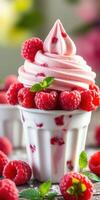 Delicious raspberry swirl soft serve topped with fresh raspberries and mint leaves in a decorative cup photo