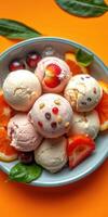 Colorful ice cream scoop arrangement with fresh fruits in a vibrant setting during warm season photo