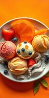 Colorful assortment of ice cream scoops served with fresh fruits on a vibrant orange background photo