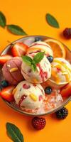 Colorful ice cream assortment with fresh fruits and vibrant background on a sunny day photo