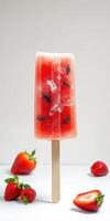 Refreshing strawberry popsicle in bright colors with fresh fruit nearby photo