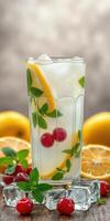 Refreshing lemonade with mint, cherries, and lemon slices served in a tall glass photo