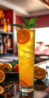 Refreshing citrus drink garnished with mint served in a tall glass at a vibrant bar during a sunny afternoon photo
