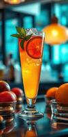 Refreshing citrus cocktail served in a tall glass with ice and garnished with mint leaves and orange slice photo
