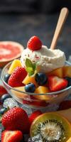 Fresh fruit salad topped with whipped cream and berries in a clear bowl garnished with mint leaves photo