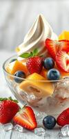 Delicious dessert bowl filled with creamy soft serve, fresh fruits, and sweet toppings during a sunny afternoon photo