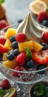 Fresh fruit salad topped with creamy swirl and garnished with mint in a clear bowl on a light background photo