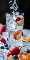 Refreshing fruit-infused drink with ice cubes splashing in a glass, surrounded by fresh strawberries and blueberries photo