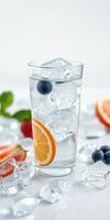 Refreshing summer drink with citrus fruit and ice on a bright background photo