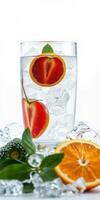 Refreshing drink with bright fruit and ice for summer enjoyment in a clear glass photo