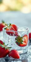 Fresh strawberries in glass with ice and surrounding berries on a bright summer day photo