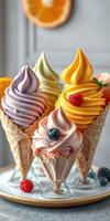 Colorful ice cream cones with various flavors displayed on a wooden table inside a cozy dessert shop photo