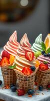Colorful soft serve ice cream cones topped with fresh fruits and mint served in waffle cups at a dessert shop photo