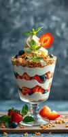 Delicious layered fruit and yogurt parfait topped with fresh strawberries and mint leaves photo
