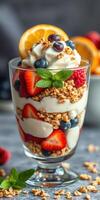 Delicious layered dessert with yogurt, fresh fruits, and granola for a refreshing snack photo