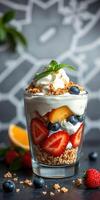 Colorful yogurt parfait with fresh fruits and granola in a modern setting photo