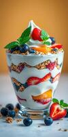 Delicious yogurt parfait with layers of granola, fresh berries, and mint served in a clear glass photo