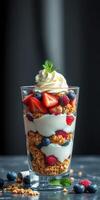 Delicious layered dessert featuring yogurt, granola, fresh strawberries, and blueberries garnished with mint photo
