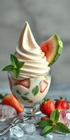 Delightful dessert featuring creamy vanilla soft serve with fresh strawberries and watermelon served in a glass bowl photo