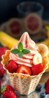 Delicious strawberry ice cream served in a waffle cone with fresh fruit and mint garnish, perfect for dessert lovers photo