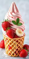 Delicious strawberry swirl soft serve ice cream topped with fresh strawberries and banana slices in a waffle cone photo