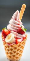 Soft serve ice cream topped with fresh strawberries and banana in a waffle cone during summer photo