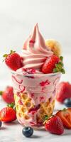 Delicious soft serve ice cream topped with fresh strawberries and a banana slice at a summer dessert stand photo