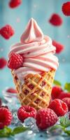 Delicious raspberry swirl ice cream cone garnished with fresh berries on a vibrant blue background photo