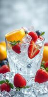 Refreshing cocktail with strawberries, blueberries, and lemon served over ice photo