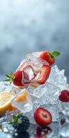Fresh fruits and ice stacked together creating a vibrant and refreshing display for summer enjoyment photo
