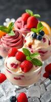 Delicious desserts served in elegant bowls with fresh berries and mint leaves on a bed of ice photo