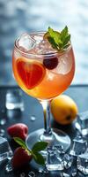 Vibrant cocktail in a glass garnished with fresh fruit and mint, perfect for summer gatherings and celebrations photo
