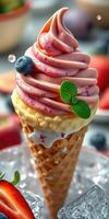 Delicious ice cream cone topped with vibrant raspberry swirl and fresh berries on a sunny afternoon photo