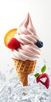 Creamy pink swirl ice cream cone topped with fresh fruits and ice on a white background photo