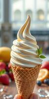 Delicious soft serve ice cream cone topped with mint leaves and surrounded by fresh fruits in a vibrant setting photo