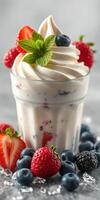 Delicious frozen dessert topped with fresh berries and mint in a clear glass photo