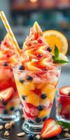 Refreshing fruit dessert served in a glass cup with layers of vibrant flavors at a summer gathering photo