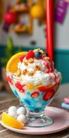 Colorful dessert with fruits and whipped cream served in a glass bowl in a vibrant cafe photo