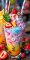 Colorful shaved ice dessert topped with fruit and whipped cream served in a tall glass during a sunny day at a dessert shop photo