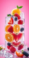 Colorful tower of frozen fruits and ice cubes against a bright pink background photo