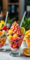 Vibrant dessert cups filled with various fruit-flavored soft serve topped with fresh fruits and nuts photo