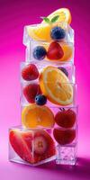 Colorful fruit and ice stack showcasing fresh strawberries, blueberries, and citrus against a vibrant pink background photo