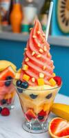 Colorful dessert with swirling watermelon sorbet and fresh fruits served in a glass bowl at a vibrant location photo