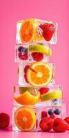 Stack of colorful ice cubes filled with fresh fruits against a vibrant pink background photo