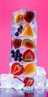 Fresh fruit and ice stacked against a vibrant pink background showcasing a colorful summer arrangement photo