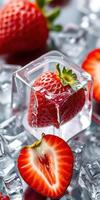 Fresh strawberries frozen in ice cubes create a refreshing display for summer treats and beverages photo