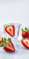 Fresh strawberries encased in ice cubes on a bright background create a refreshing summer vibe photo