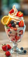 Refreshing dessert with mixed berries, lemon, and soft serve ice cream in a glass bowl photo